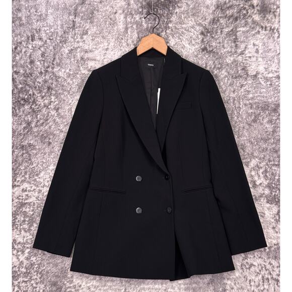 New Theory Power Jacket 6 Womens Modern Black Crepe Double Breasted Blazer - Picture 1 of 8